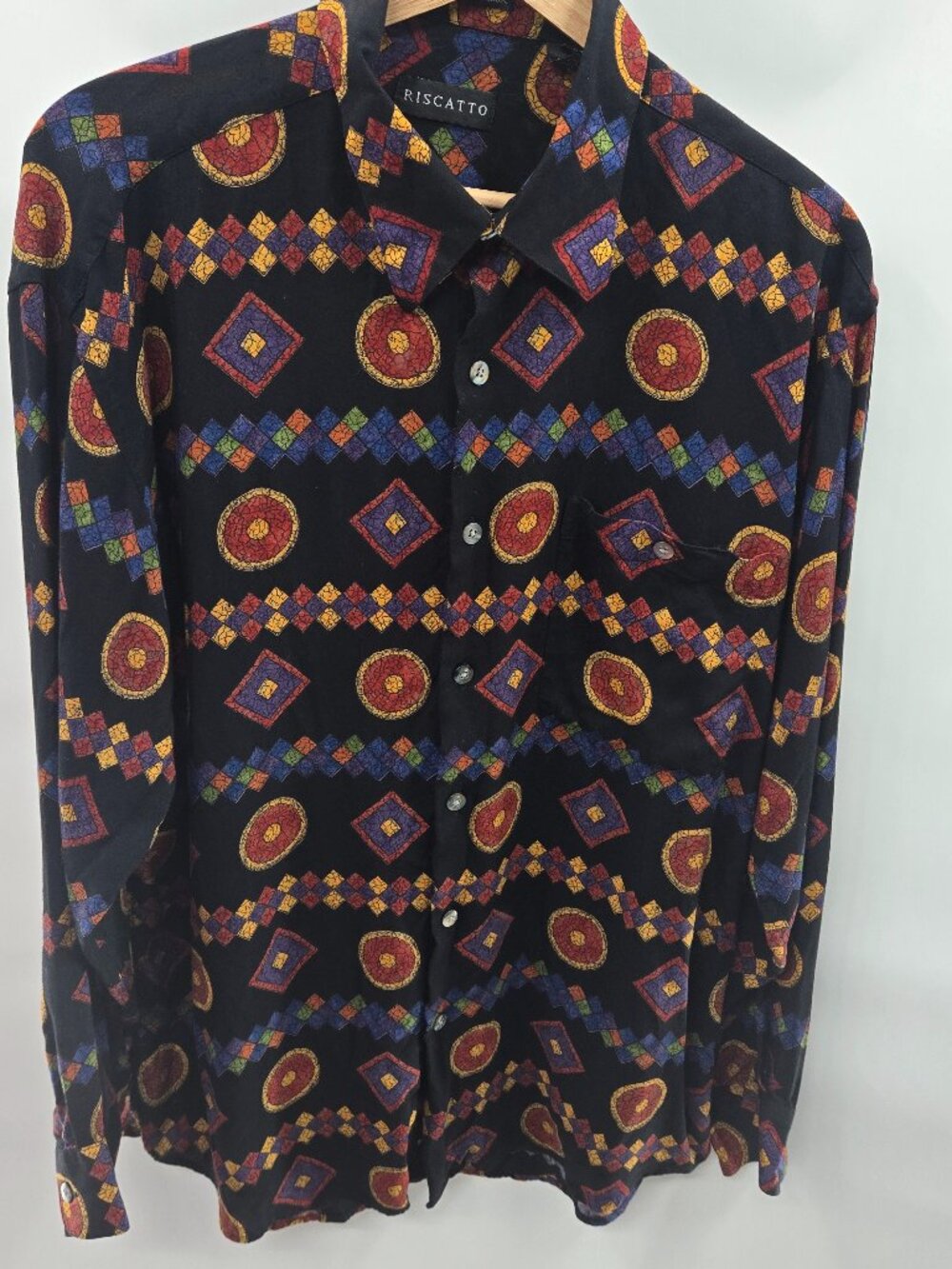 Vintage Riscatto Geometric Print 80s/90s Rayon Button Down Shirt Large